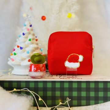 Holiday Red Makeup Bag with Santa Patch + Strawberry Lip Scrub
